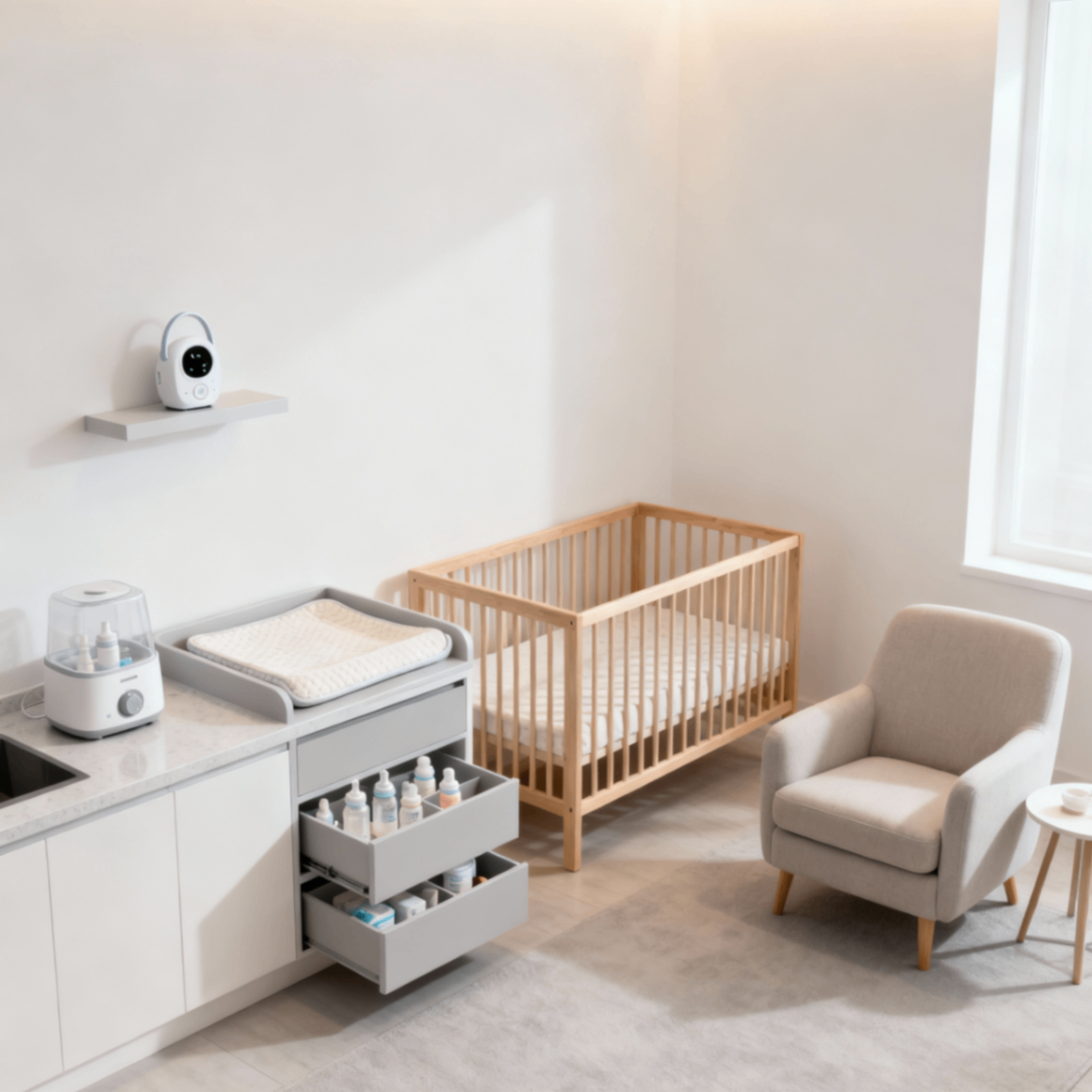 Well-organized baby nursery with essential sleep products and changing station