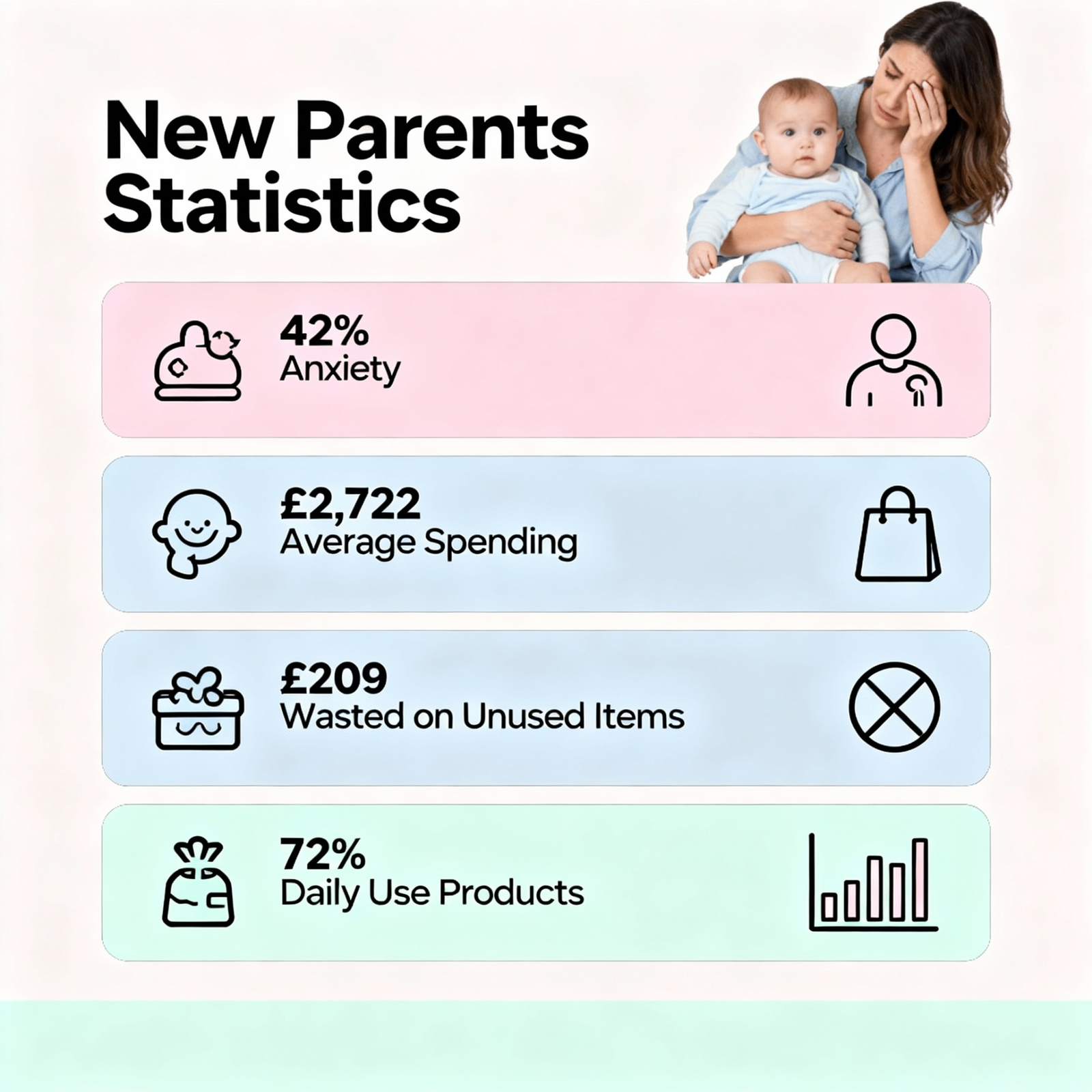 Key statistics for new parents: 42% experience anxiety, £2,722 average spending, £209 wasted on unused items