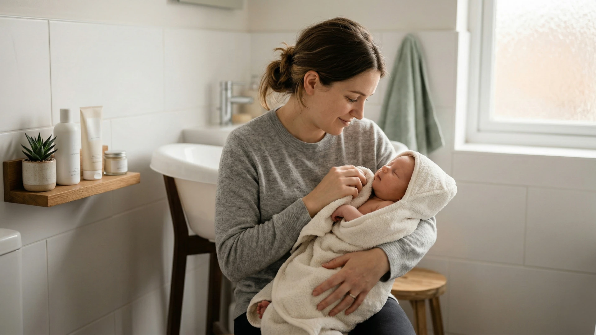 New UK parent gently caring for newborn's skin using simple, natural baby skincare items.