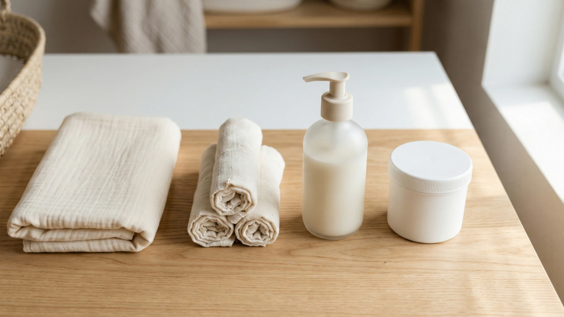 Flatlay of a minimal natural-leaning baby skincare kit with gentle accessories.