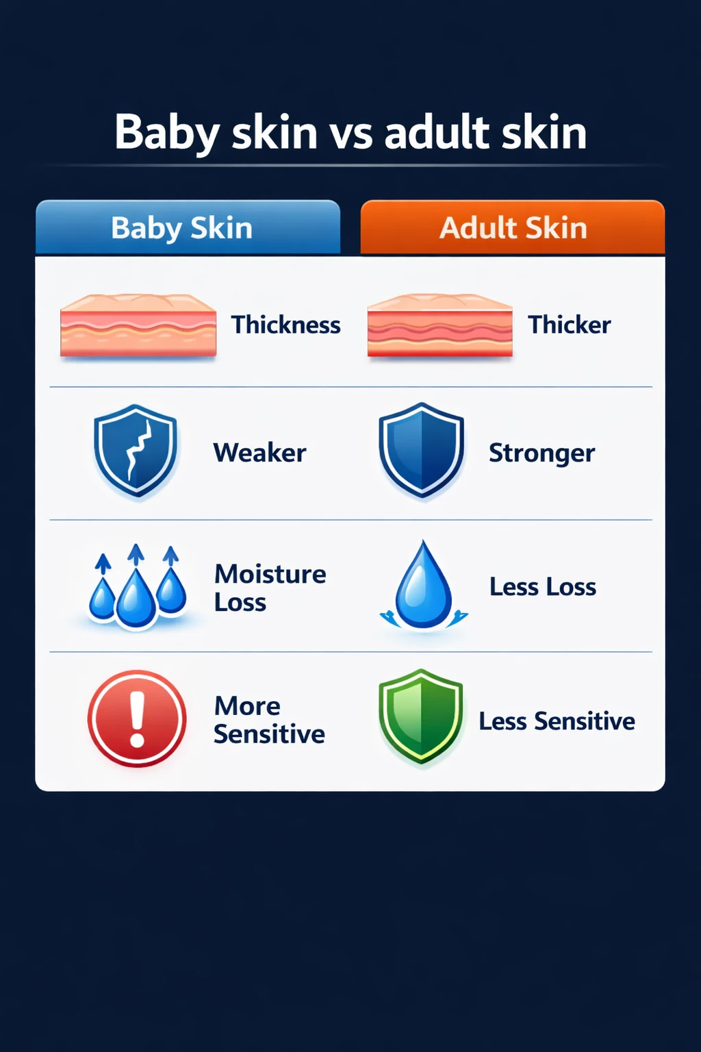Comparison table showing key differences between baby and adult skin.