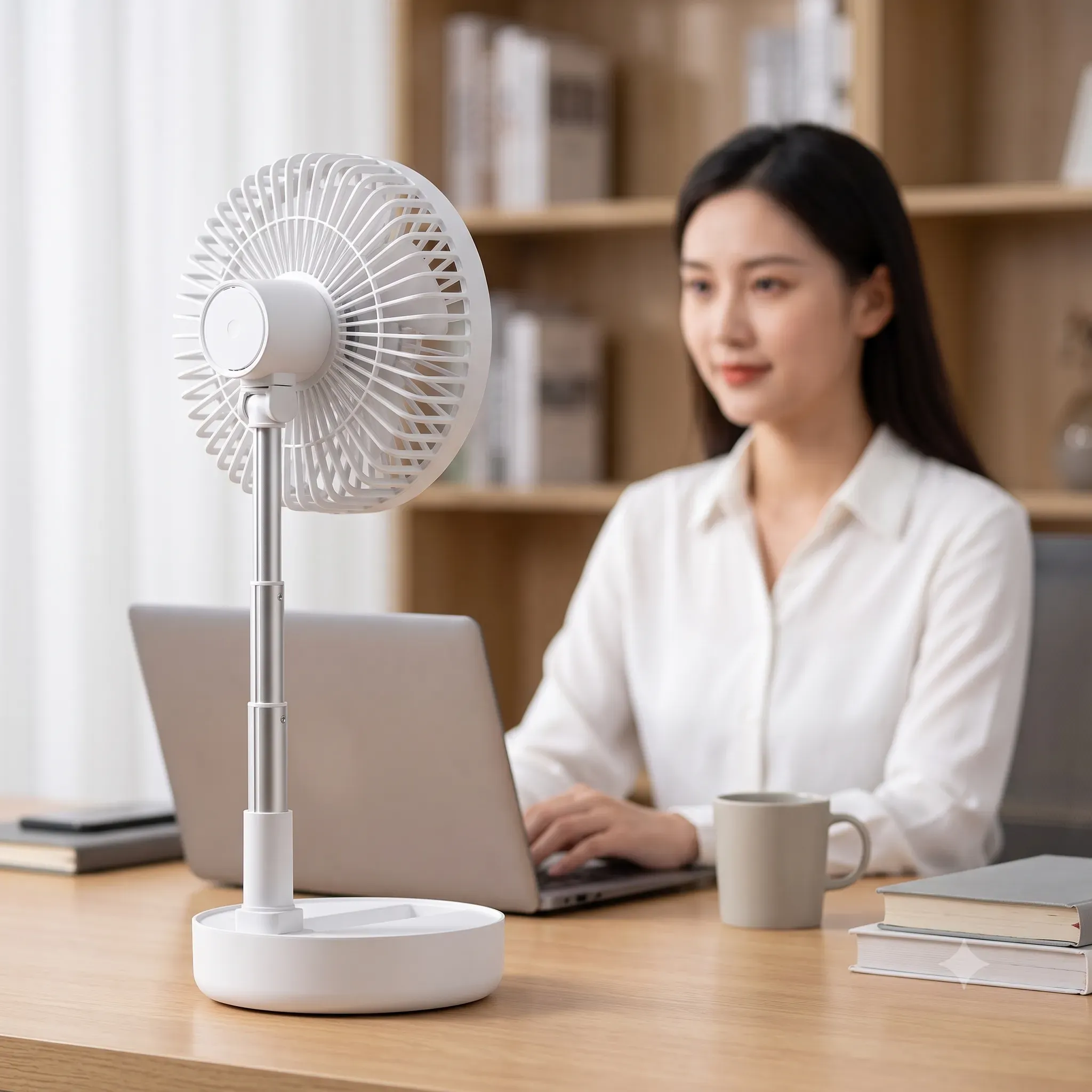8 Inch USB Desk Fan with telescopic stand, folded and extended