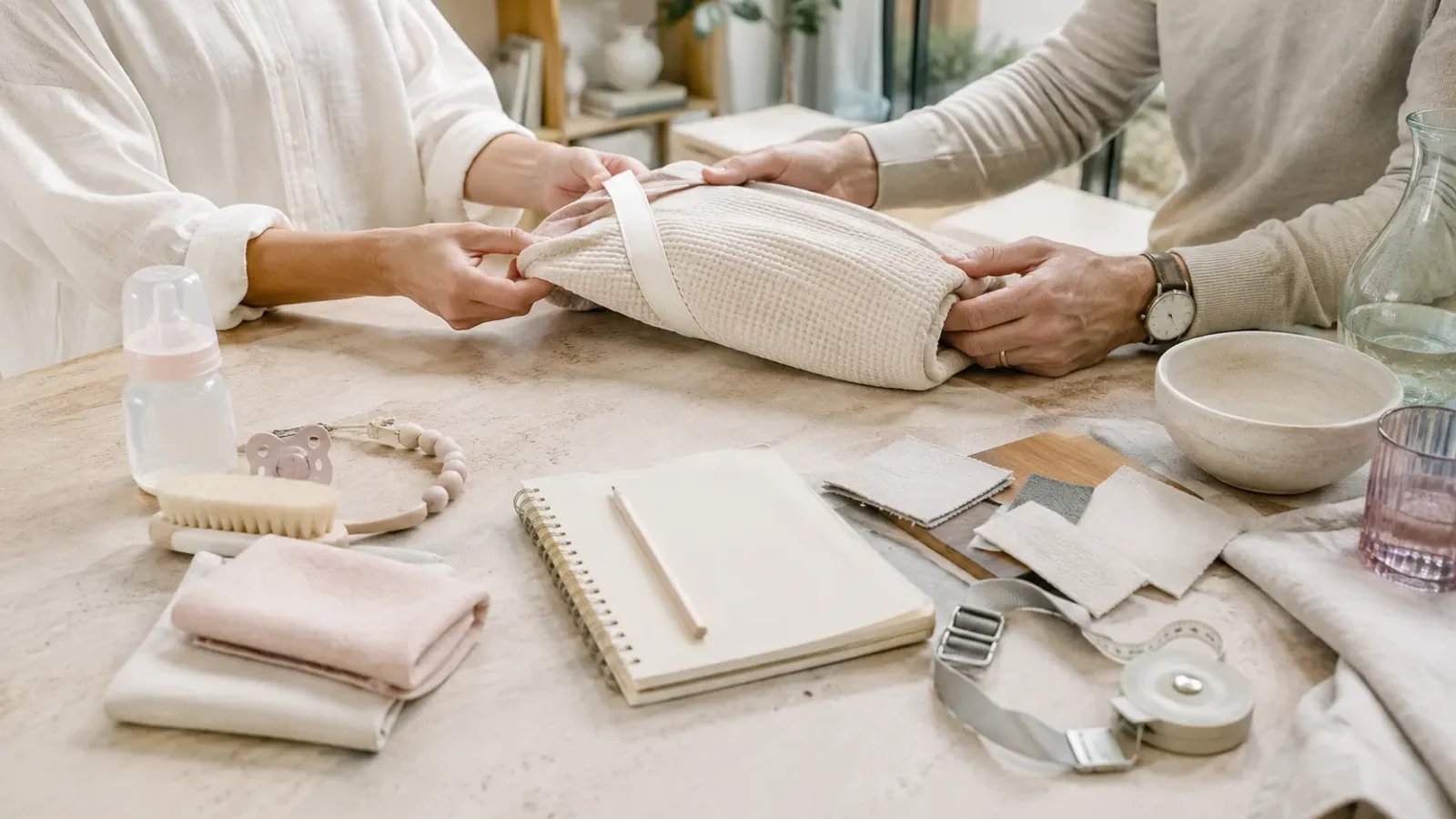Family products being carefully examined with material samples and measuring tools