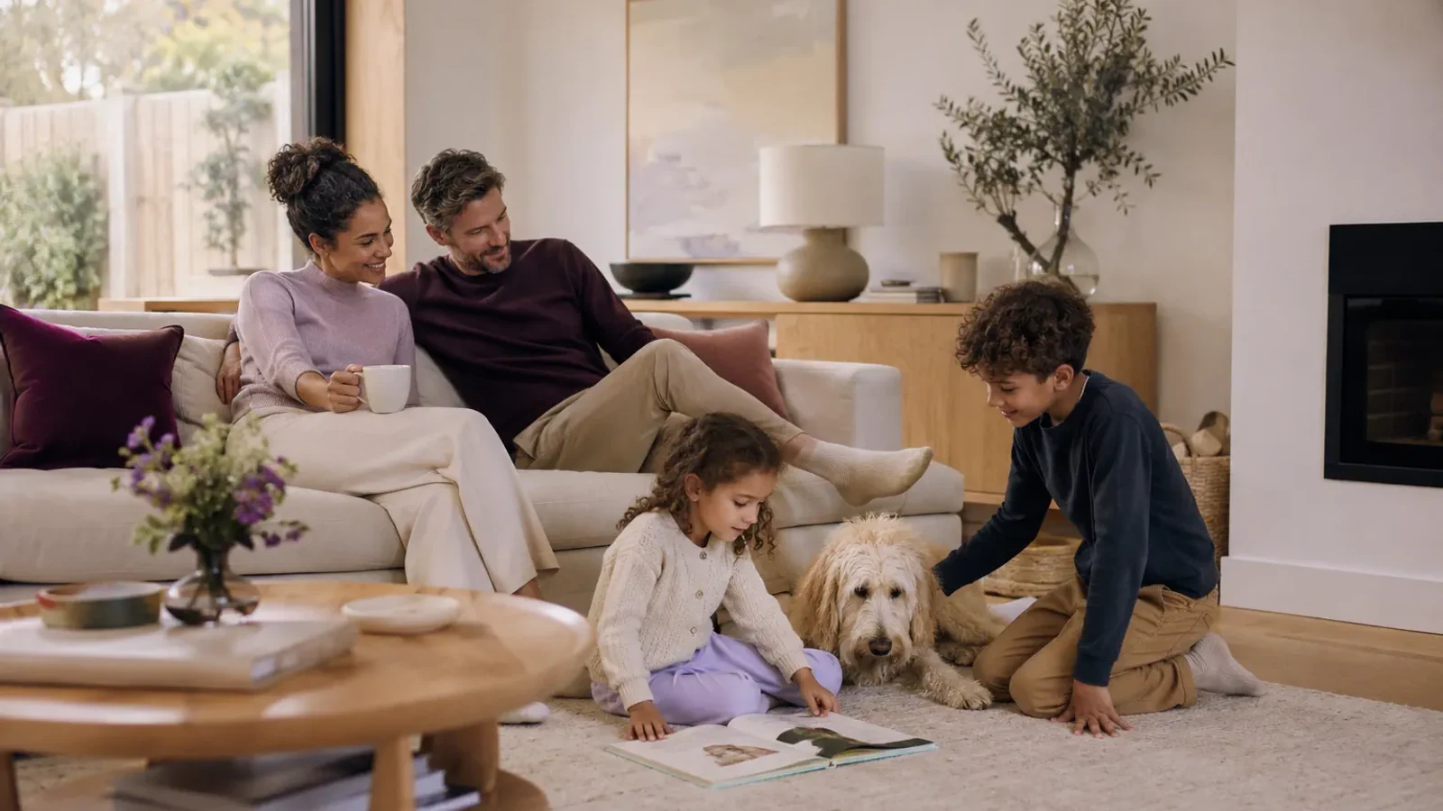 Family spending a calm afternoon together in a bright modern UK home