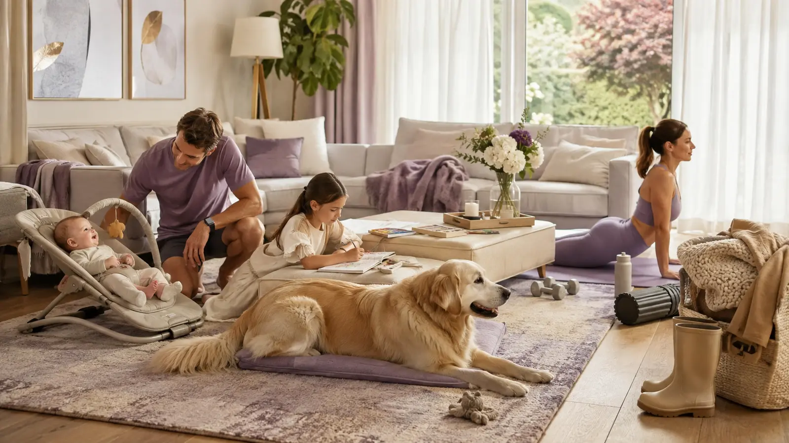 A UK family balancing baby care, learning, pet care, wellbeing and seasonal household needs — visual context for Choose the right product for real family life