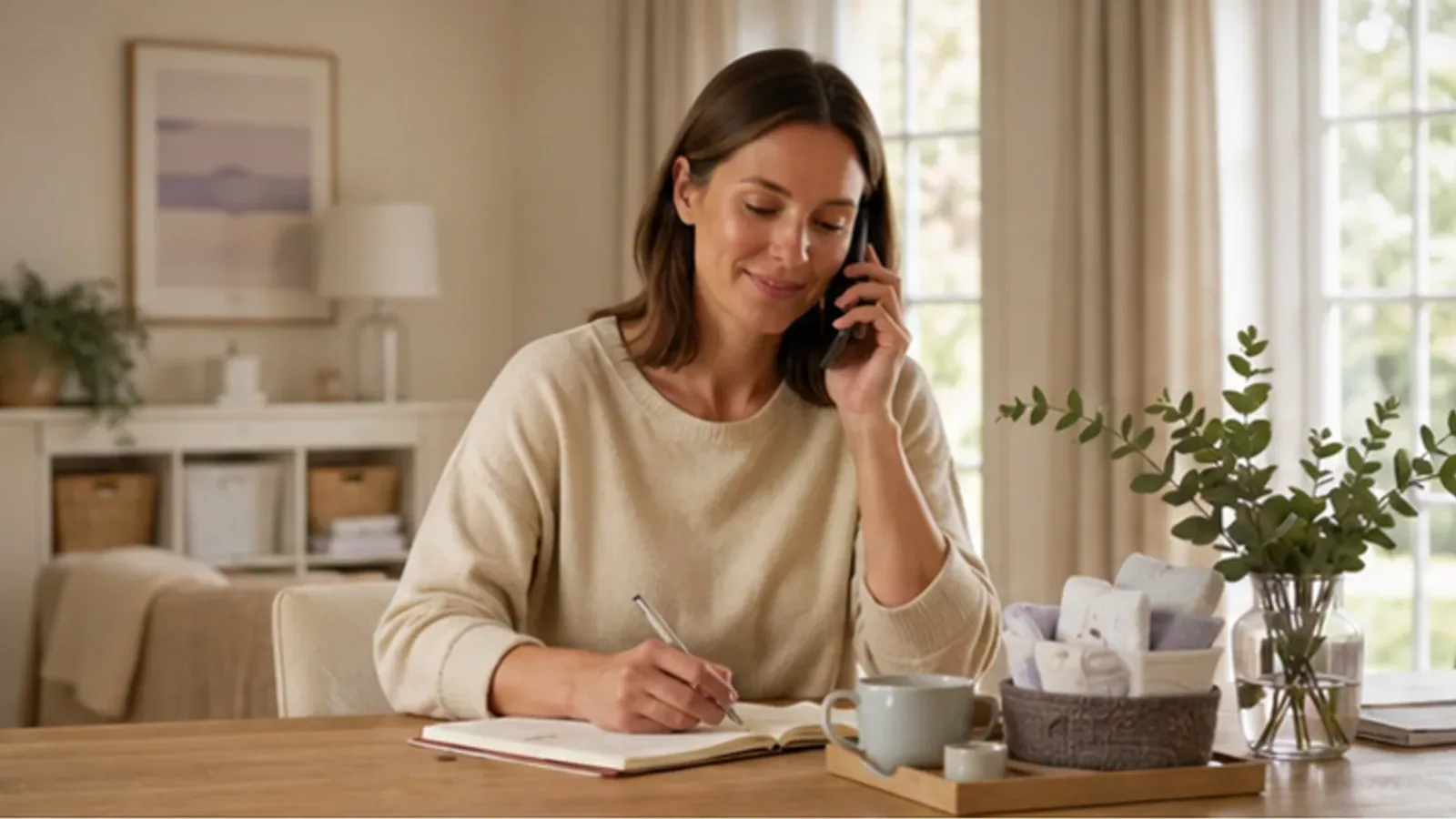 A calm customer-support conversation at a family-home desk — visual context for Support before and after you choose