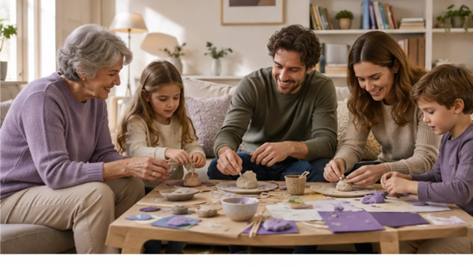 A family sharing play, learning, fitness and pet time together in a warm living room