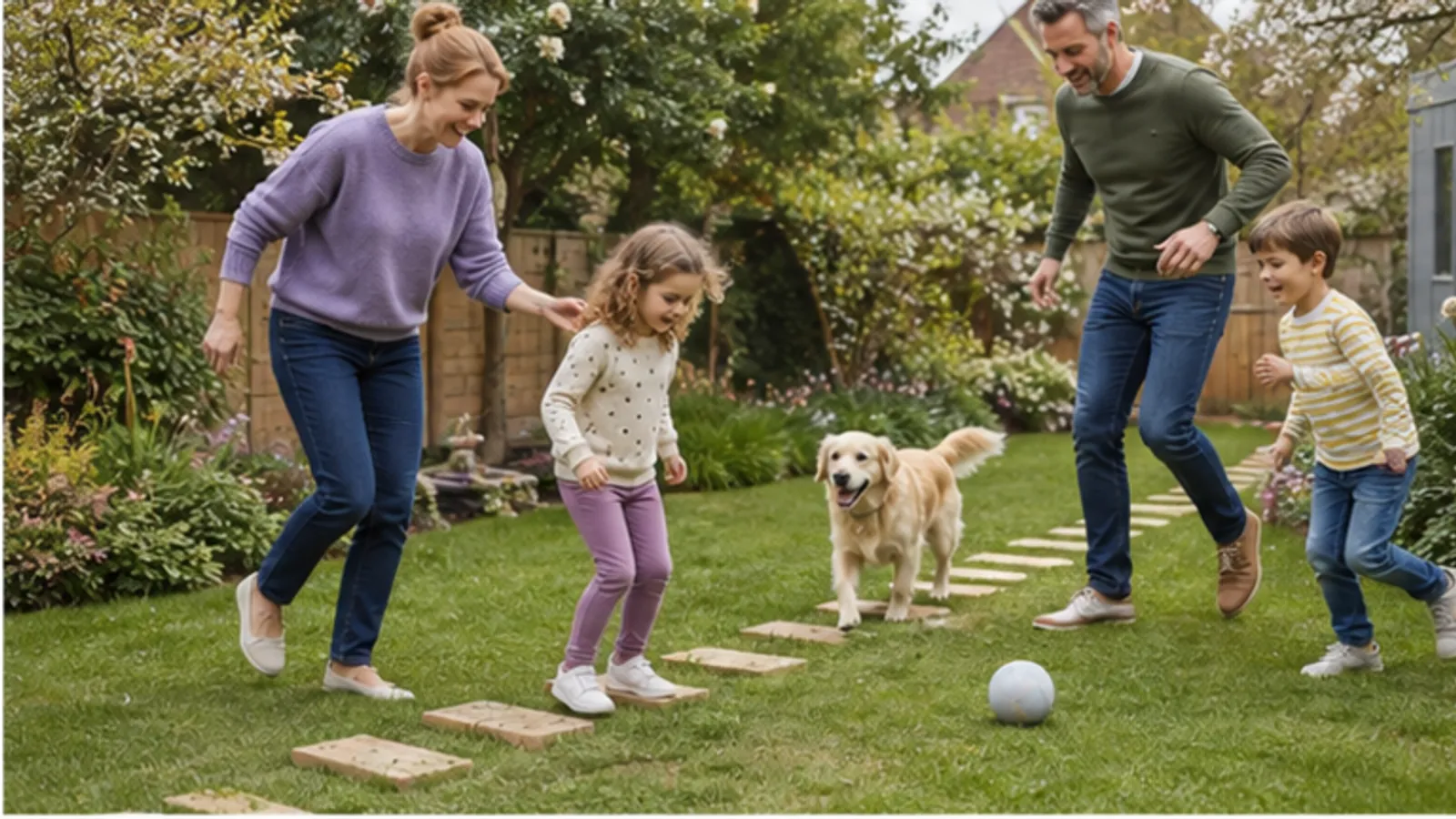 A family exercising, playing football and caring for their baby and puppy in a sunny garden