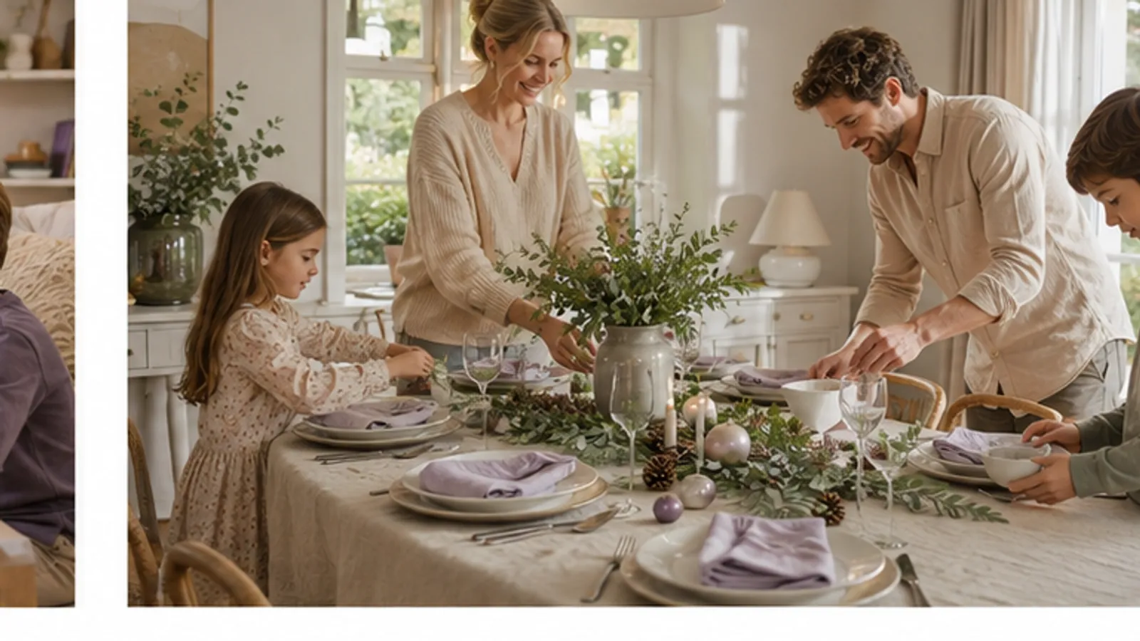 A family, baby and golden retriever enjoying a cosy festive evening together