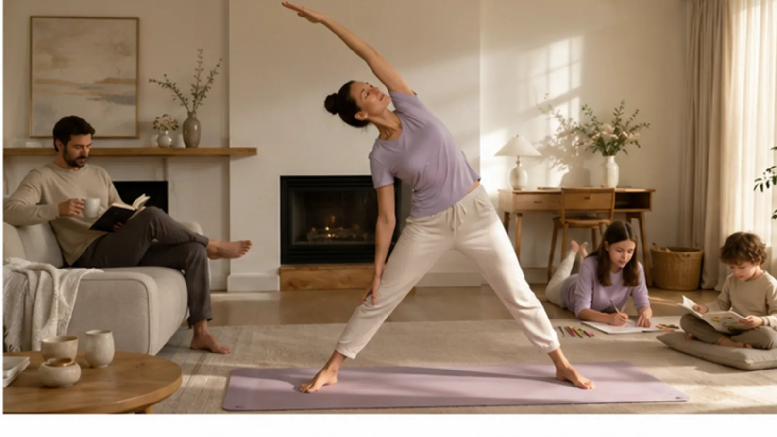 A mother stretching while her baby, child and puppy play together in a bright family room