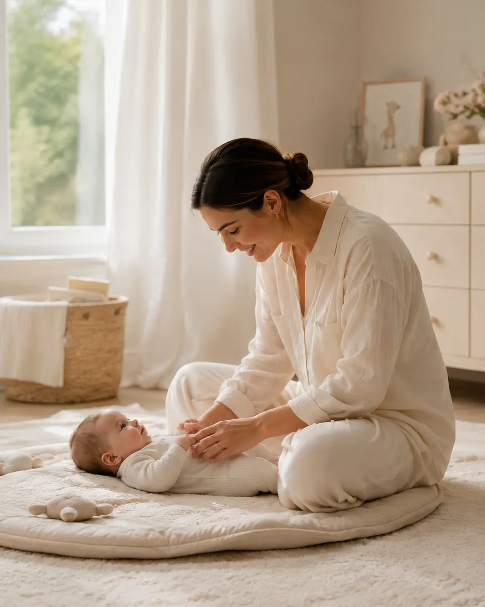 Mother sharing a calm play moment with her baby in a light nursery
