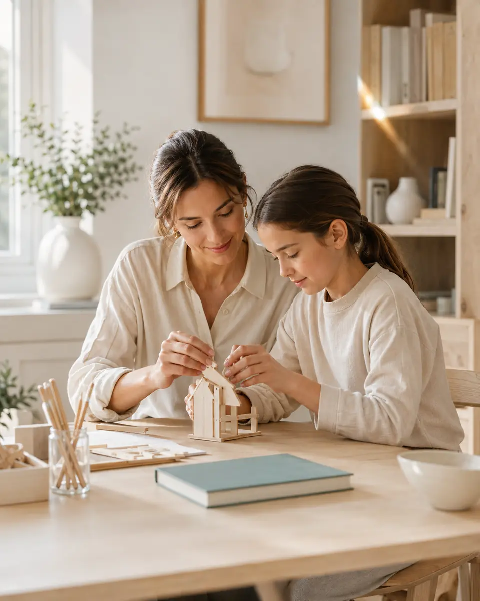 Parent and child building a wooden model together at home