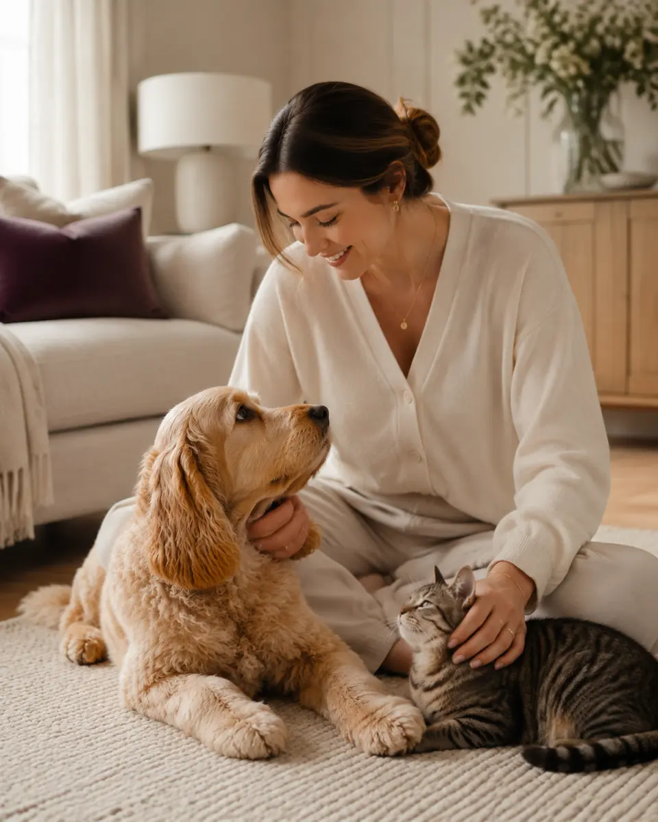 Pet owner spending time with a dog and cat in a calm family living room
